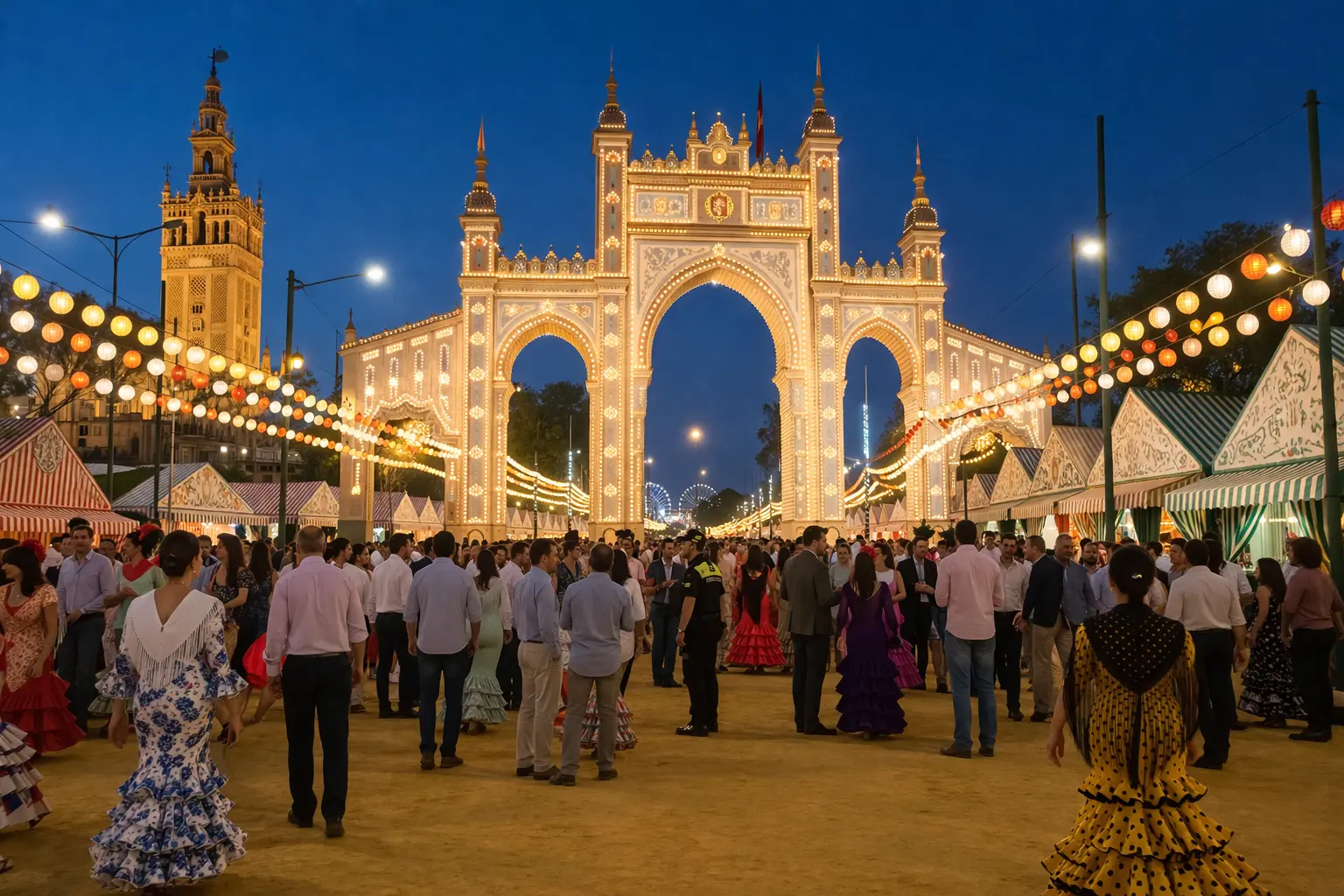 Porta della Fiera di Siviglia illuminata di notte, con gente che passeggia e casetas tradizionali