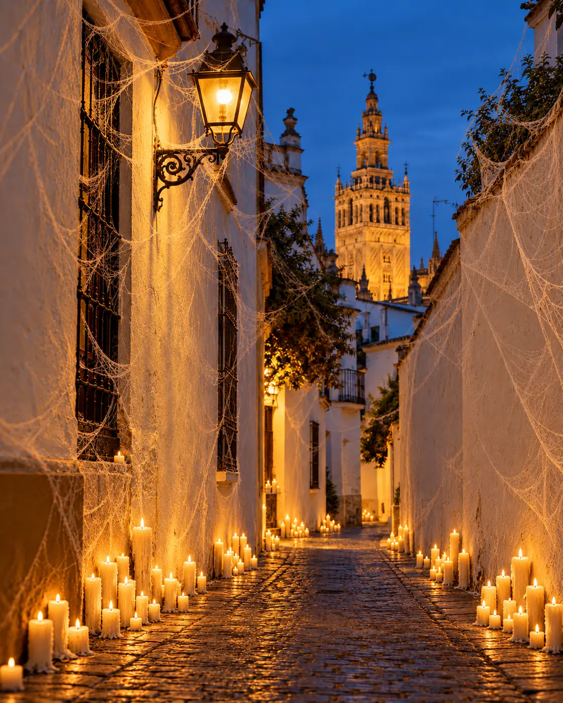 Der Giralda im Hintergrund einer Santa Cruz-Gasse mit Kerzen und Halloween-Spinnweben