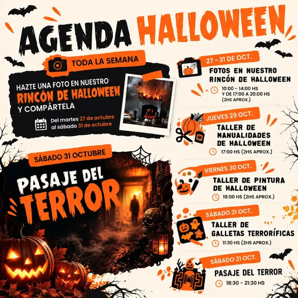 Plakat der Halloween-Agenda in Sevilla Factory: Rincón de Halloween, Workshops und Pasaje del Terror