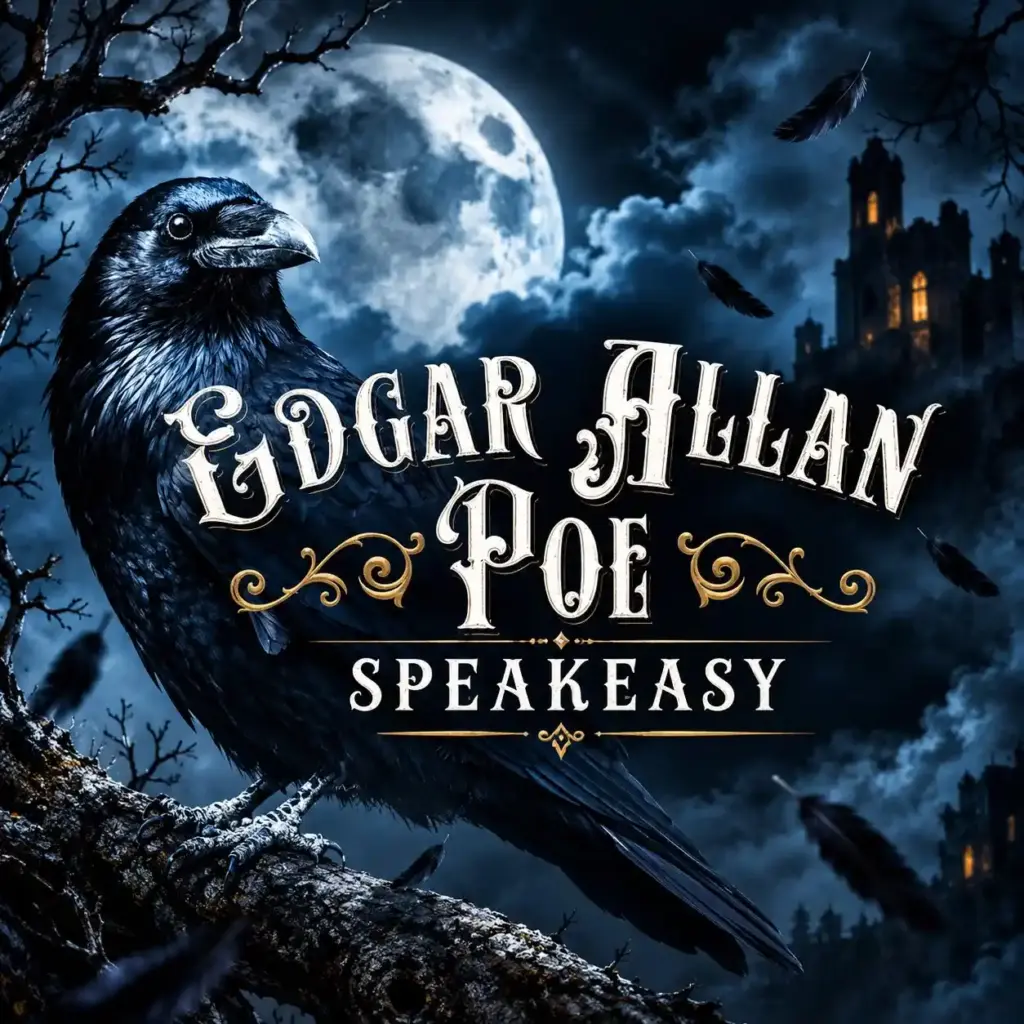 Plakat von Edgar Allan Poe Speakeasy, mit einer Krähe und einem Vollmond