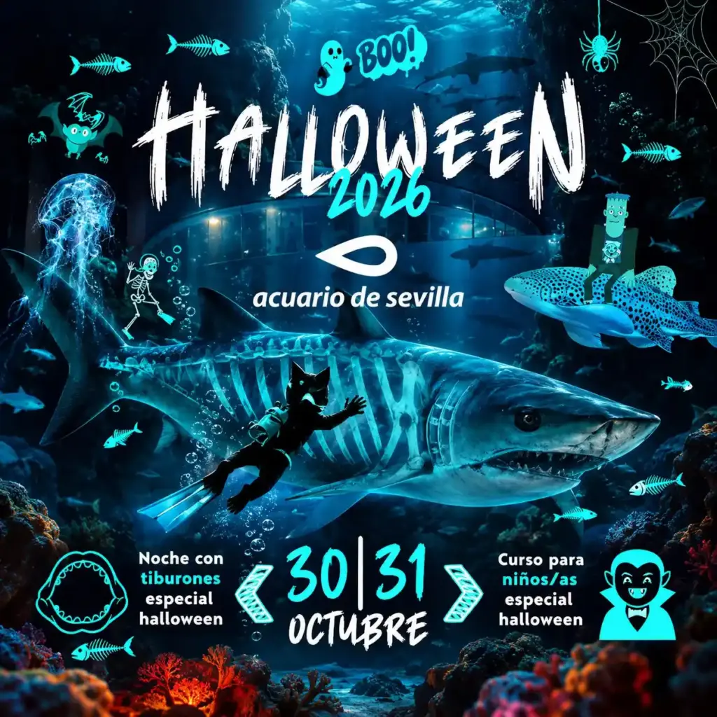 Plakat von Halloween 2026 im Acuario de Sevilla: Nacht mit Haien und Kurs für Kinder