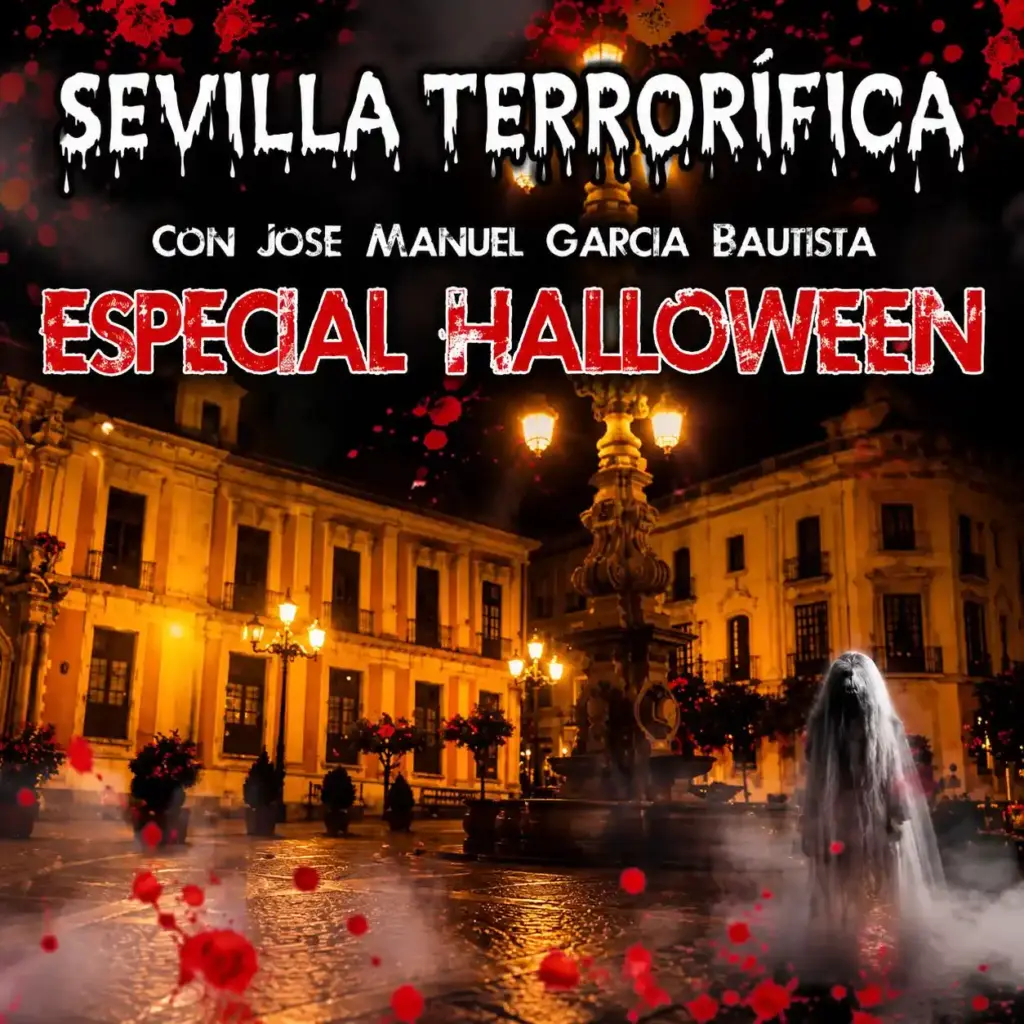 Plakat von Sevilla Terrorífica, Spezial-Halloween, mit dem Plaza del Triunfo bei Nacht