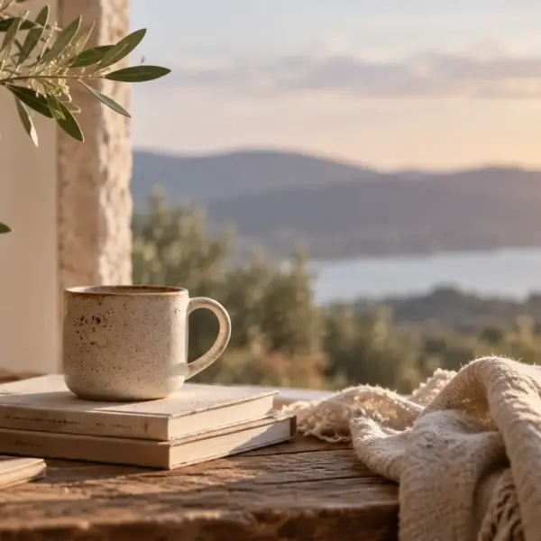 Taza humeante junto a una ventana con vistas a las colinas al atardecer: una pausa en el día a día
